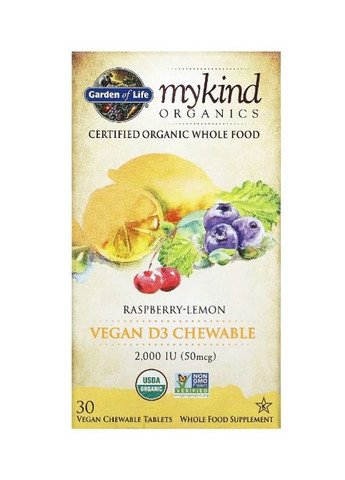 MyKind Organics Chewable Vegan D3 2000 IU 30 Chewable Tabs Raspberry Lemon Garden of Life (292556199)