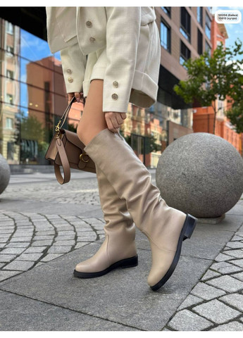 Осенние женские сапоги-трубы из натуральной кожи бежевые No Brand