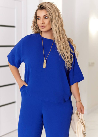 Базовый повседневный легкий свободный летний костюм двойка с украшением: удлиненная футболка позади + прямые брюки Україна (331783446)