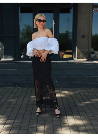 Черная шелковая юбка макси с кружевной вставкой Fashion Girl
