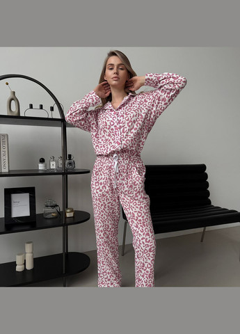 Комбинированная женская пижама (рубашка+штаны) муслин белая с розовым леопард m251p Cosy