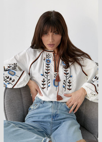 Белая женская вышиванка с пышными рукавами на резинке. ESQ свободная хлопок (325220033)