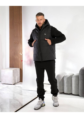 Черный демисезонный костюм тринитка на флисе (жилет, тощи, брюки), цвет черный Fashion