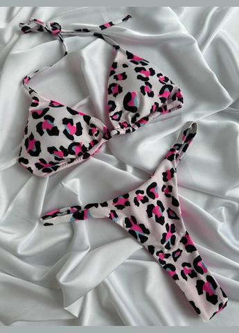 Белый летний женский раздельный купальник со стрингами в рубчик pink sapphire леопардовый No Brand