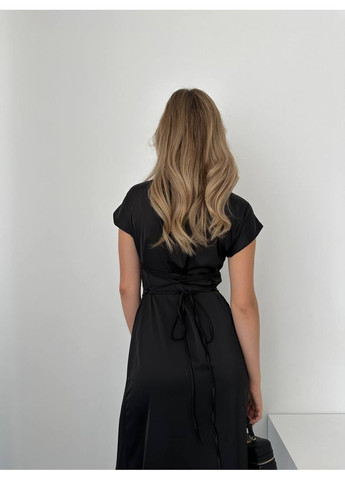 Чорна вечірня сукня з шовку із зав’язками на спині – ніжність та розкіш 🌸 (заміри в описі) DK/DL Мода без кордонів однотонна