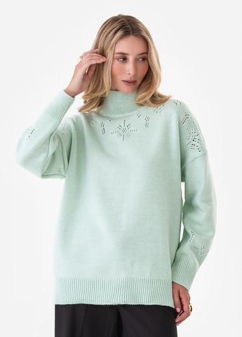 Мятный женский свободный свитер с ажурным вязанным узором. SVTR