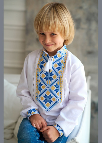 Белая вышиванка для мальчиков в патриотических цветах "классика" (домотканное полотно) Kalyna (316036748)