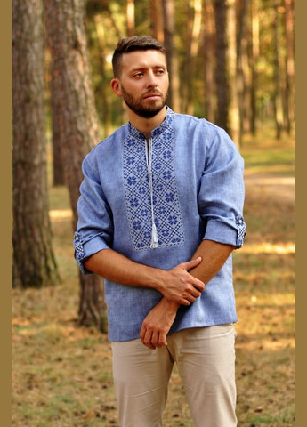 Голубая вышитая мужская рубашка с длинным рукавом и воротником-стойкой VMV свободная, прямой лен (307265578)