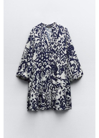 Синя сукня міні з принтом та довгими рукавами Zara