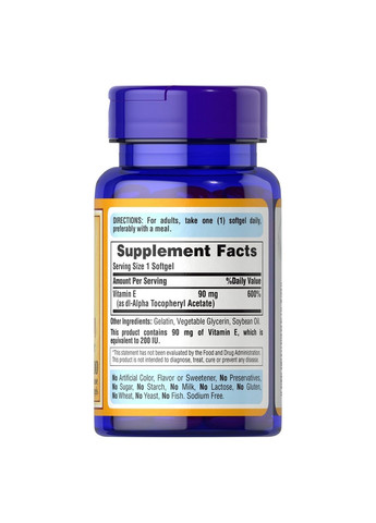 Витамины и минералы Vitamin E 200 IU (90 mg), 100 капсул Puritans Pride (293483473)