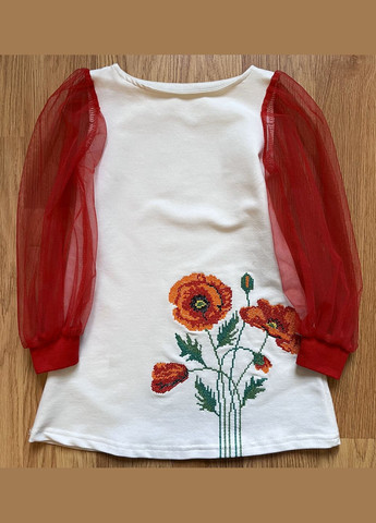 Молочное платье для девочки двунитка с вышитыми маками, рукава из мягкой сетки. Лио (315703435)