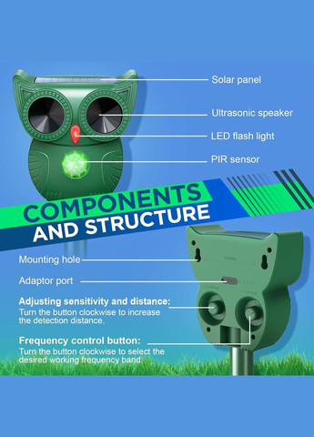 Ультразвуковой отпугиватель животных для сада 5 режимов Зеленый No Brand (317405787)