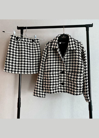 Чорний демісезонний костюм піджак+спідниця "гусяча лапка крупна чорно-біла" спідничний IRmAS оверсайз