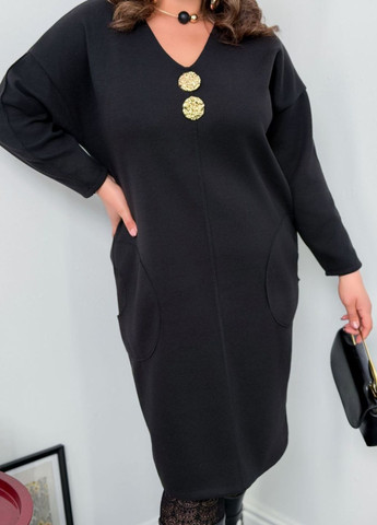 Чорна повсякденний вишукана повсякденна демісезонна вільна міді сукня прикрашена рельєфними гудзиками Tik-Tak однотонна