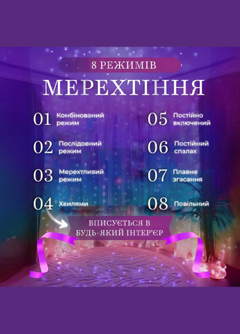 Гірлянда штора 2х2 м 240 LED світлодіодна мідний провід 8 ниток Garlando (315635816)