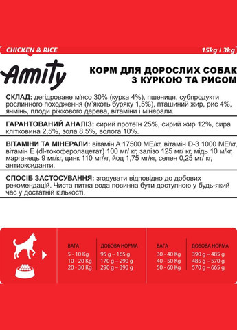 Корм для собак Chicken&Rice повсякденний з куркою та рисом 15 кг (8436538940839) AMITY (316226938)