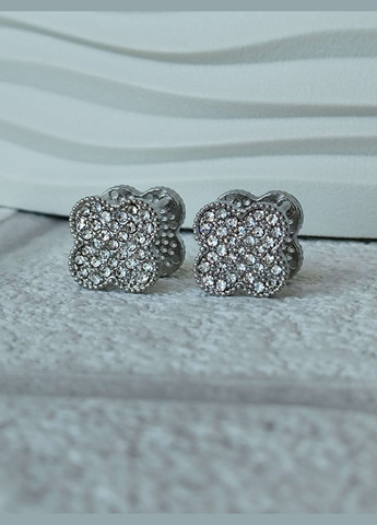 Сережки двосторонні Конюшина клевер Зелена емаль медсталь під срібло родій Stainless Steel (336517423)