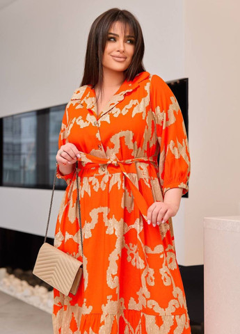 Оранжевое повседневный длинное платье с боковыми разрезами из турецкого штапеля рубашка Tik-Tak с абстрактным узором