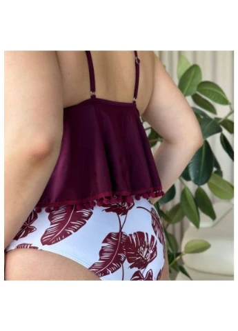 Бордовый летний женский купальник танкини plus size с тропическим принтом/женский раздельный купальник больших размеров бордовый No Brand