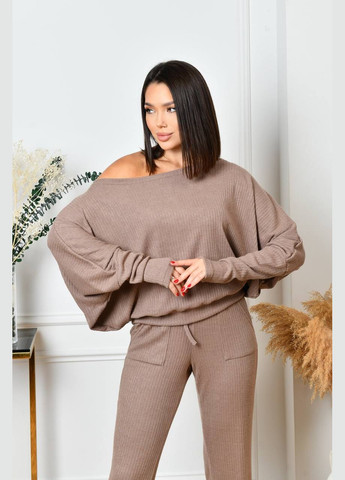 Теплый ангоровый костюм рубчик кофта и брюки с карманами коричневый You Best (302214988)