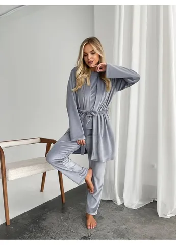 Сіра всесезон велюровий домашній комплект трійка Fashion