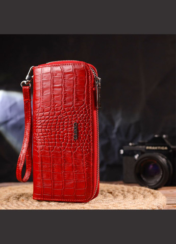 Горизонтальний яскравий гаманець для жінок із натуральної фактурної шкіри під крокодила червоний 19х9,5х2,5 см 21621 Canpellini (329195908)