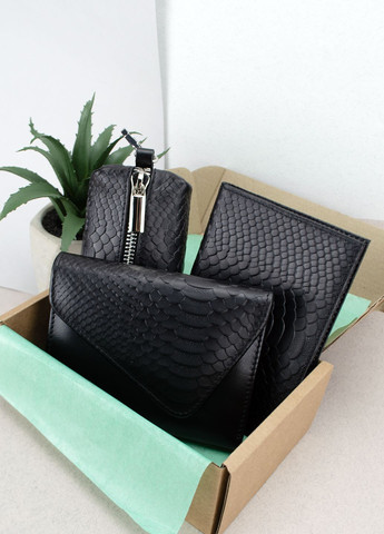 Подарочный женский набор №89: кошелек Sabrina + обложка на паспорт + ключница (черный питон) HandyCover (282744623)