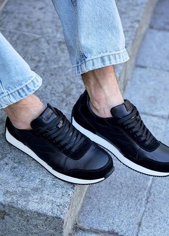 Черные демисезонные мужские кроссовки из натуральной кожи черного цвета 35474 No Brand