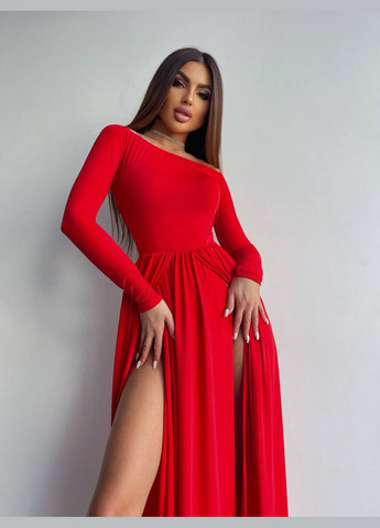Красное красивое красное платье-макси с открытыми плечами и длинным рукавом, длинное трикотажное платье с разрезом от бедра No Brand