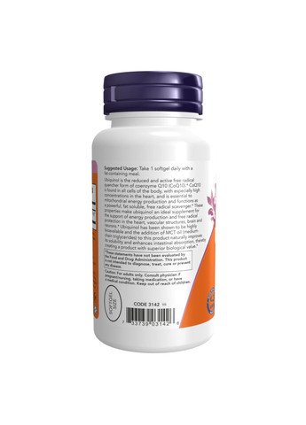 , Убихинол, 100 мг, 60 мягких таблеток Now Foods (364956414)