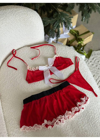 Эротический комплект с бантом и кружевом / Сексуальный топ и юбка красного цвета с белой отделкой No Brand (366571651)