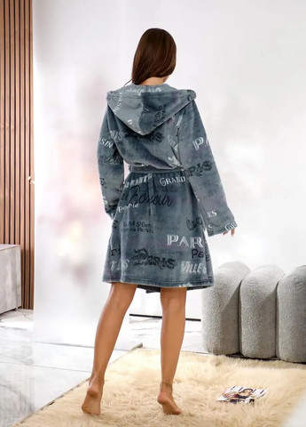 Женский махровый халат средний с капюшоном серый с принтом Париж Fabrika (363189838)