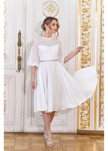 Молочное коктейльное платье с кружевным верхом и расклешенной юбкой 25008 молочное Tanita-Romario