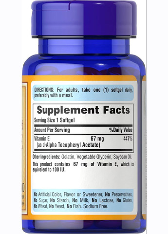 Вітамін Е Puritan's Pride Vitamin E-100 I.U 100% Natural 100softgels Puritans Pride (293376692)
