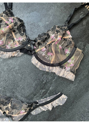 Чёрный балконет комплект женского белья | изысканный девичий стиль Vital-Textile с косточками полиэстер, эластан