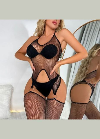 Черный демисезонный комплект эротический в небольшую сетку дива набор топ чулки на круглых кольцах черный No Brand Комплект з сітки Діва