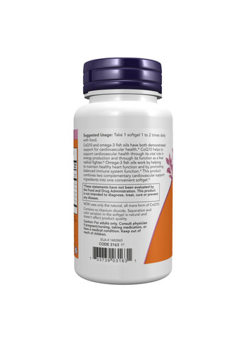 Коэнзим Q10 60мг с Омега-3 120 капсул поддержка сердца и сосудов здоровое сердце и иммунитет Now Foods (368988918)