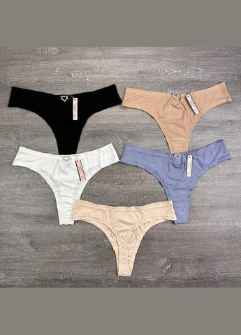 Жіночі бавовняні стрінги в рубчик з високою посадкою та фурнітурою-сердечком 5 штук No Brand Стрінги (340268420)