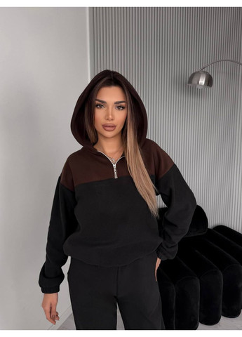 Жіночий костюм флісовий з капюшоном коричневого кольору 36219 Fashion (370881865)