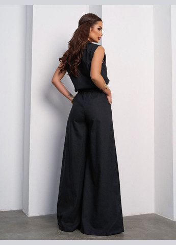 Трендовий лляний комбінезон із брюками палаццо No Brand комбінезон-брюки чорний святковий, коктейльний, діловий, повсякденний, кежуал, вечірній льон