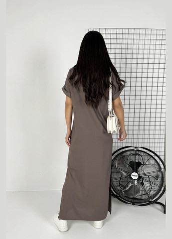 Темно-бежевое повседневный, кэжуал привлекательное льняное платье макси с вышивкой. INNOE однотонное