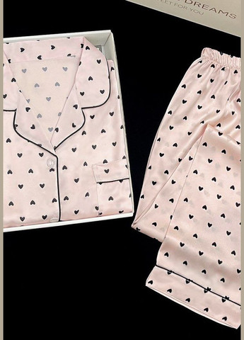 Світло-рожева всесезон атласна зручна піжама сорочка з брюками для дому декорована чорними серцями колір світло-рожевий сорочка + брюки No Brand Love Morning