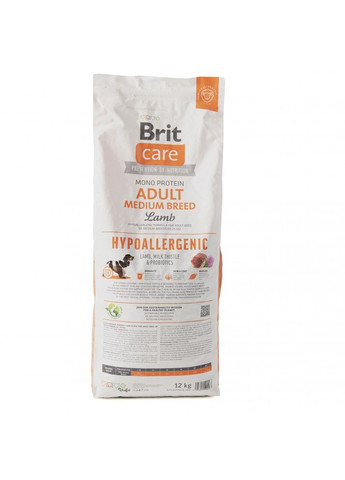 Сухой корм Dog Hypoallergenic Adult Medium Breed для собак средних пород, гипоаллергенный с ягненком, 12 кг Brit Care (362701031)