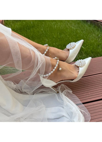 No Brand Женские туфли свадебные атласные и ремешком жемчуг и брошью 7,5 см. белый з текстиль, — (351394398)