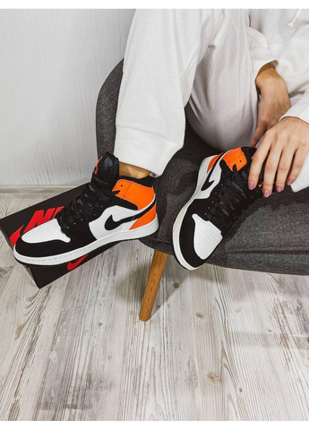 Черные зимние кроссовки мужские nike air jordan 1 retro high black white orange найк аир джордан No Brand