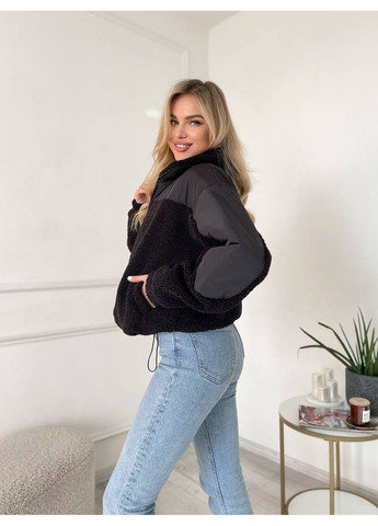 Чорна демісезонна жіноча куртка з еко меху тедді та плащівки — заміри в описі куртка-пальто DK/DL Мода без кордонів