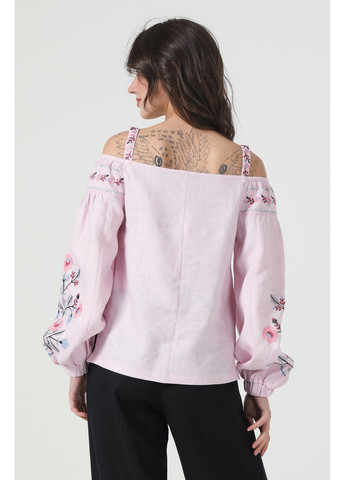 Рожева жіноча лляна блуза вишиванка з відкритими плечима та квітковою вишивкою на рукавах мавра., р., код 9498/40/101 ГАЛЕРЕЯ ЛЬОНУ