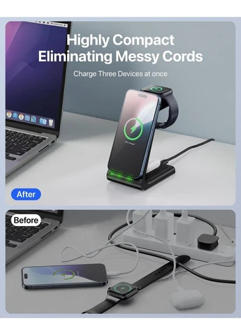 Бездротова зарядна станція Intoval 3 в 1 для iPhone, Apple Watch та AirPods - швидка зарядка 15W, чорна INTOVA (399001065)