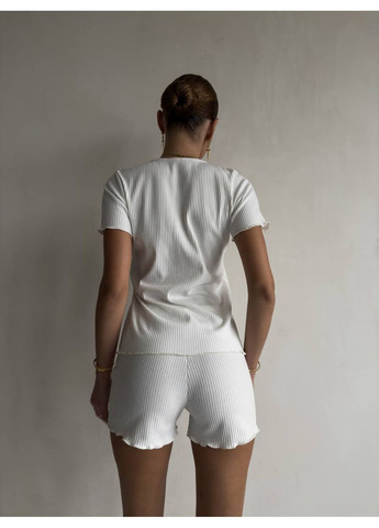 Белая всесезон женская пижама в рубчик, комплект 3в1 футболка шорты и брюки футболка + шорты + брюки No Brand Піжама