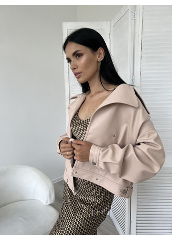 Бежева демісезонна коротка жіноча куртка з еко-шкіри "техас-2" вільного крою (td-2982310140295) TessDress